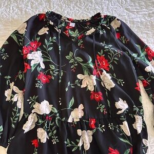 Old Navy Black Blouse with Red and White Floral Design